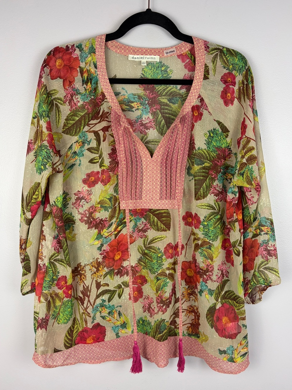 Daniel Rainn Floral Boho Tunic Blouse Large Pink Tassel Tie 3/4 Sleeve